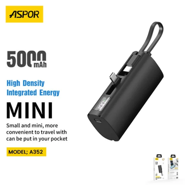 Aspor A351/A352 5000mAh Mini Pocket Power Bank PD 20W Fast Charging With Digital Display, Mobile Holder, IPhone & Type C Support